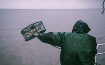Jak wykorzystać aplikacje pogodowe i wodowskazy do planowania udanych wypraw wędkarskich Wędkarz w płaszczu przeciwdeszczowym zarzuca sieć na morzu podczas deszczu